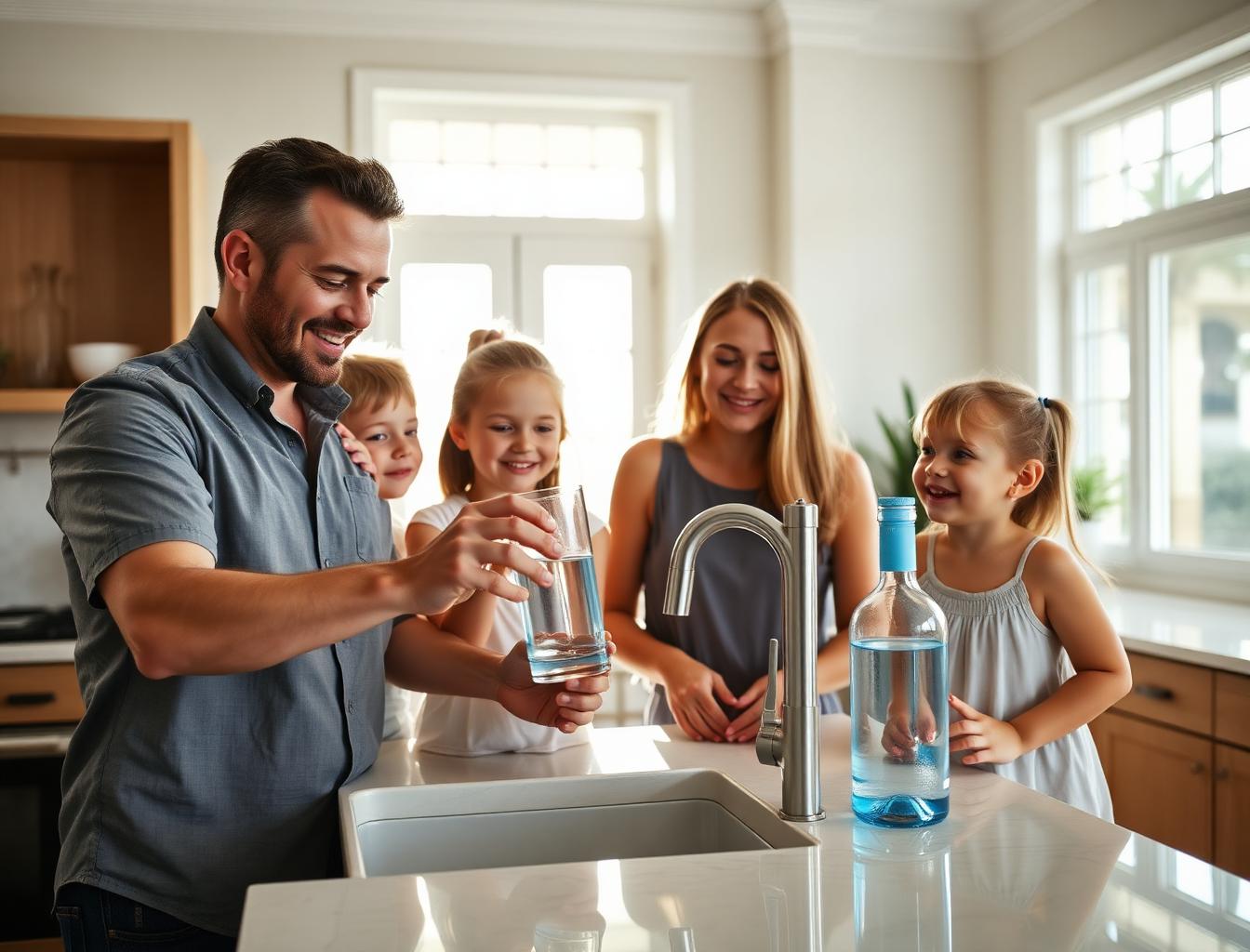 Happy Florida family enjoying clean purified water in a bright modern kitchen